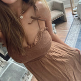 Brown Rhea Sweetheart Smocked Bow Strap Midi