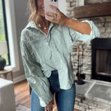 Going West Sage Flower Eyelet Ruffle Pocket Button Down