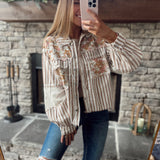 Striped Choco Multi Floral Patch Collared Button Down