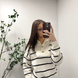 Believe It Black/Ivory Striped Shawl Collar Button Knit Sweater IN STORE