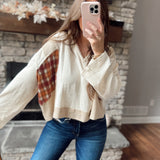 Rustic Cream Multi Plaid Patch Work V-Neck Cropped Knit