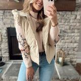 Perfectly Puff Taupe Mock Neck Ruffle Detail Puffer Vest