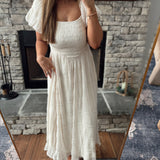 Heavenly Energy Ecru Square Neck Smocked Pleated Maxi