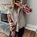 Warm Vibes Taupe/Lt Mauve Aztec Print Snap Button Teddy Jacket