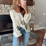 Cream Exposed Seam Flower Pattern Knit 3/4 Sleeve