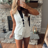 Hot Summer Front Tie Sleeveless Blazer & Pin Tuck Shorts Set