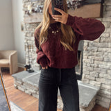 Burgundy Cable Pointelle Puff Sleeve Sweater