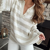 Nancy Sand Multi V Neck Striped Knit Sweater