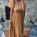 Heavenly Energy Ginger Square Neck Smocked Pleated Maxi