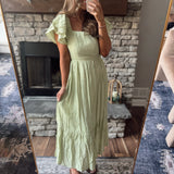 Marais Square Neck Ruffled Front Short Sleeve Midi