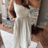 Cream Plaid Balloon Skirt Midi Dress
