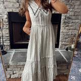 Mayan Natural Striped Flower Trim Collared Smocked Maxi