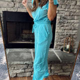 Aqua Blue Short Sleeve Jogger Jumpsuit