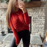 Forest Red Pearled Tree Crew Sweater