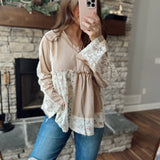 Beige Sweet & Delightful V-Neck Textured Baby Doll Long Sleeve