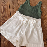 White Drift Into The Coast Linen Pleated Shorts with Tie Belt