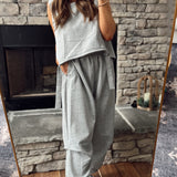 Bust a Move Grey Cap Sleeve Cinch Tie Top with Baggy Pant Set