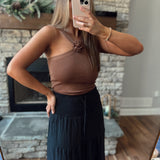 Sweet Fling Mocha Flower Detail Halter Neck Knit Tank