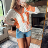 Bright Future Ivory/Coral V-Neck Patch Work Long Sleeve