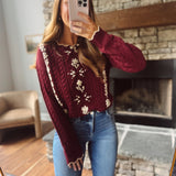 Burgundy Floral Embroidered Cable Knit Sweater