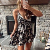 Black Florals V Neck Strappy Romper
