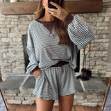 Blue/Brown Striped Drawstring Shorts