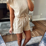 Deep Taupe Josie Terry Sleeveless Romper with Adjustable Waist Tie