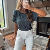 Navy Ruched Hem Ribbed Striped Short Sleeve