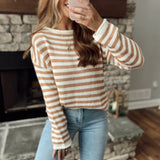 Off White/Tan Striped Crew Rolled Edge Knit Sweater