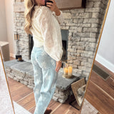 Floral Denim Braided Belt Pants