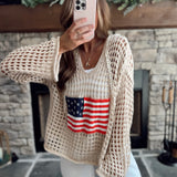 POL Beige American Flag Hooded Crochet Knit Pullover