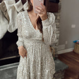 Meet at Midnight Champagne Sequins Long Sleeve Tiered Mini