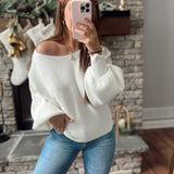 Off White Believer Boat Neck Balloon Sleeves Cropped Rib Knit Sweater