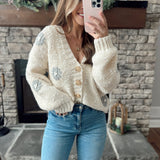 Frosted Petals Cream 3D Flower Patch Knit Button Down Cardi