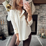 Tammy Cream 3/4 Tab Sleeve Henley Knit Top