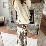 Brown Satin Cow Print Midi Skirt