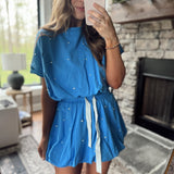 Blue Cotton Terry Pearl Studded Bubble Hem Mini Skirt