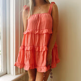 Evelyn Coral Ruffle Shoulder-Tie Mini