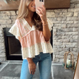 Micro Blooms Salmon Pink Floral Embroidered Linen Top