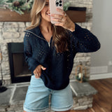 It Ain't So Navy Crochet Knit Collared Zip Up Pullover