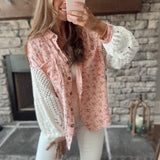 Rose Pink Floral Sweater Sleeve Gauze Button-Up