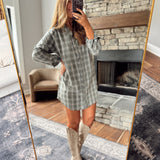 Pine Green Plaid Flannel Shirt Mini Dress