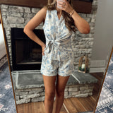 Prettiest Blue Blossoms Linen Shorts with Layered Hem