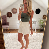 White Drift Into The Coast Linen Pleated Shorts with Tie Belt