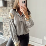 Abby Grey Collared Patch Worked Long Sleeve