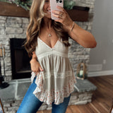 Kiara Toasted Almond Floral/Lace V Neck Tank
