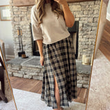 Black Plaid Pleated Midi Skirt