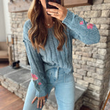 Denim Flower Embroidered Cable Sweater Top