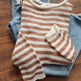 Off White/Tan Striped Crew Rolled Edge Knit Sweater