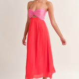 Chic Soiree Red/ Pink Twisted Strapless Midi
